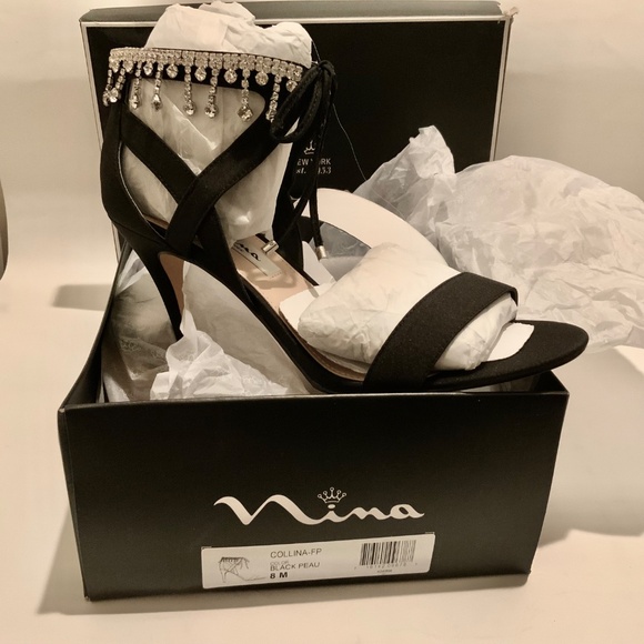 Nina Collina Black Satin Heeled Sandals Evening Stiletto Heel Pump Dress Shoes 8 - Picture 7 of 8